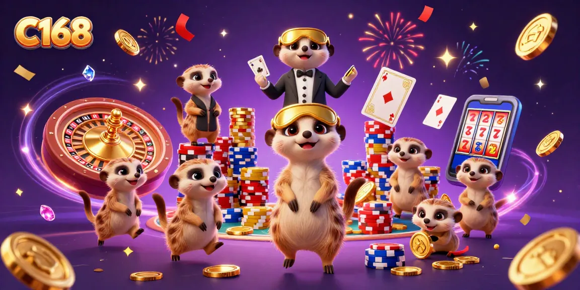 C168 meerkats manage a bustling casino amidst flying coins and colorful chips in a lively 3D scene.
