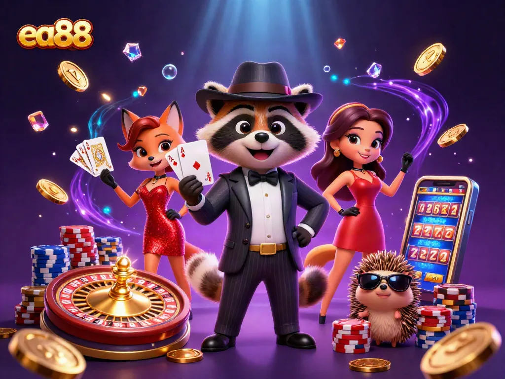 ea88 reveals a royal flush in a vibrant casino scene with animated characters and dazzling effects.