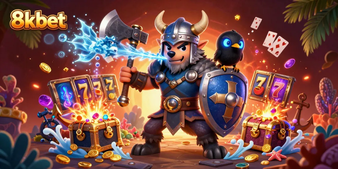 Engage with 8kbet's exciting slot games, featuring heroic characters and vibrant treasures.