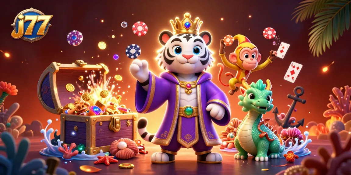 Experience thrilling gameplay at j77 with vibrant elements and casino joy orchestrated by a majestic tiger.