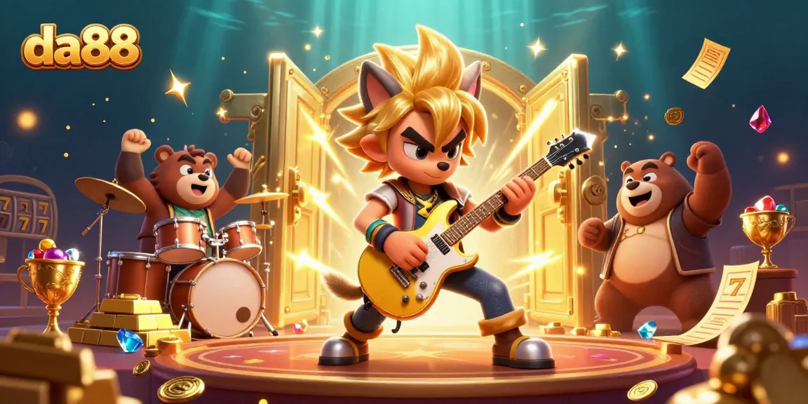 Join the gaming action at da88 with a lively 3D cartoon illustration featuring a rock star wolf and a bear drummer.