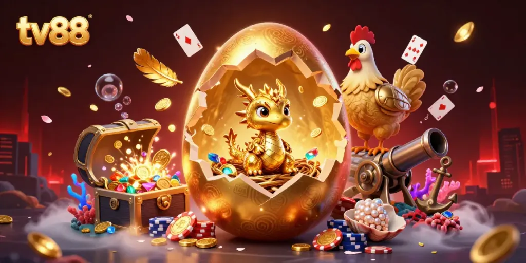 Experience thrilling action with tv88 as a colossal golden egg cracks open, revealing a legendary golden dragon amidst poker chips.