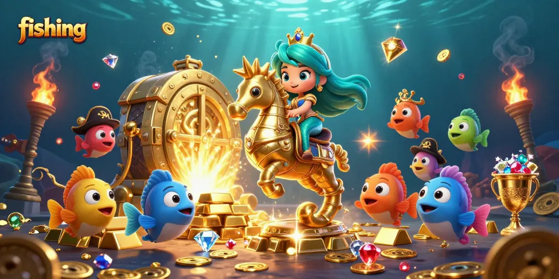 Experience fishing adventures with vibrant sea creatures and treasure in this dynamic 3D scene.