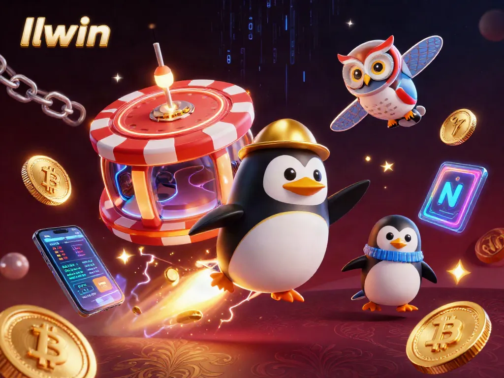 Experience thrilling LLWIN gaming action with a golden penguin racing toward the cosmic casino chip.