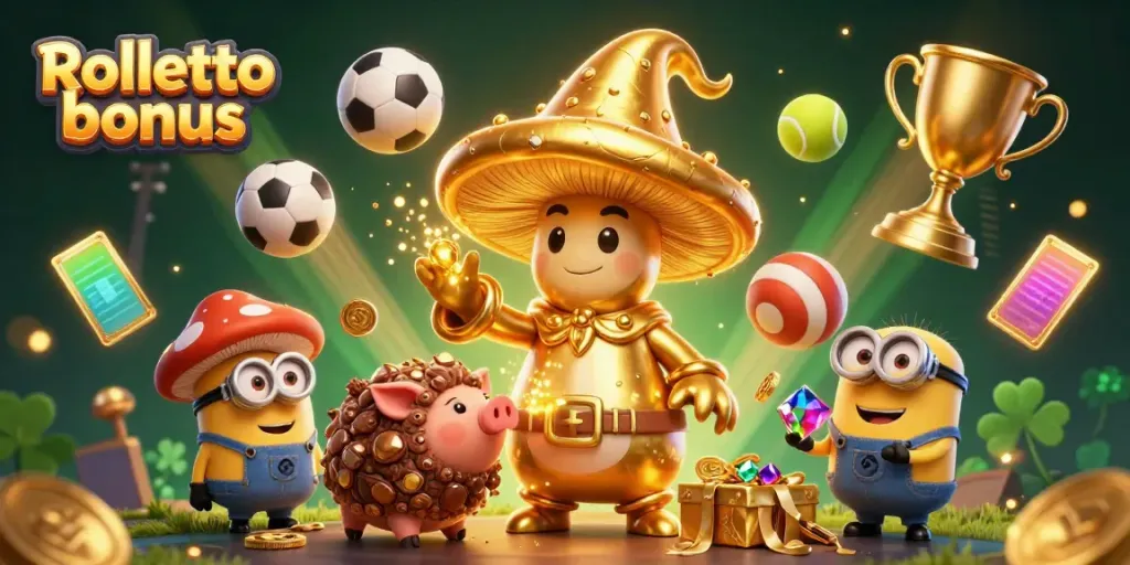 Experience the thrilling Rolletto bonus with a magical sports-themed illustration filled with treasure and excitement.