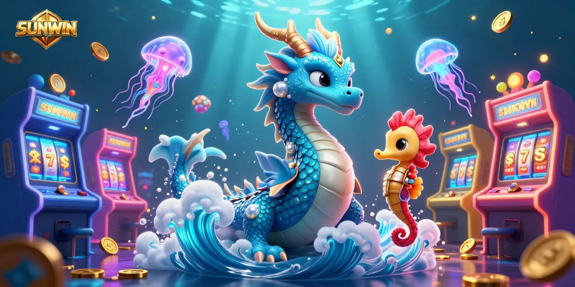 SUNWIN unleashes vibrant underwater casino adventure with a majestic water dragon and coral knight amidst colorful game machines.
