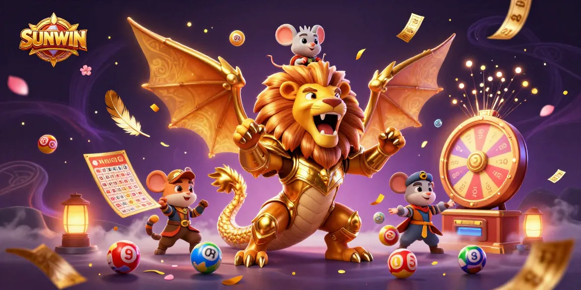 SUNWIN's dynamic 3D illustration with a chimera creature, vibrant lottery elements, and a magical background.