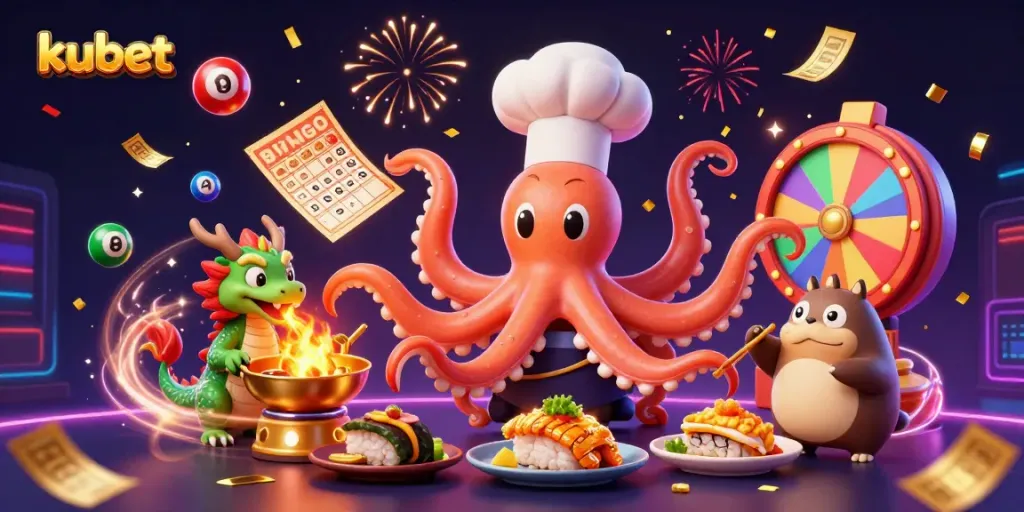 Kubet's vibrant casino scene features an octopus preparing dishes, a dragon, and a tanuki among colorful elements.