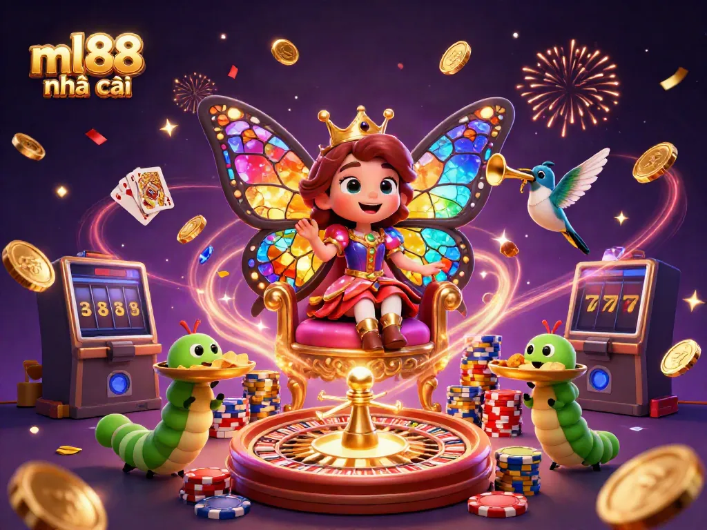 Experience exciting gaming at ml88 nhà cái, featuring a vibrant 3D illustration of a whimsical casino scene.