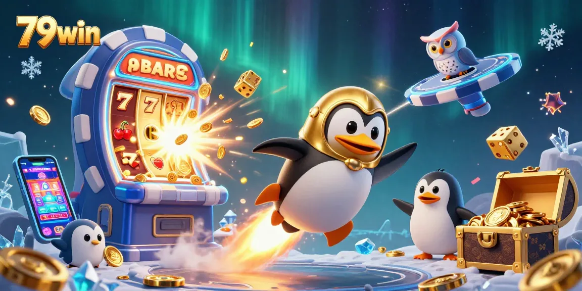 Experience the thrilling excitement of 79win with a golden penguin and casino elements.