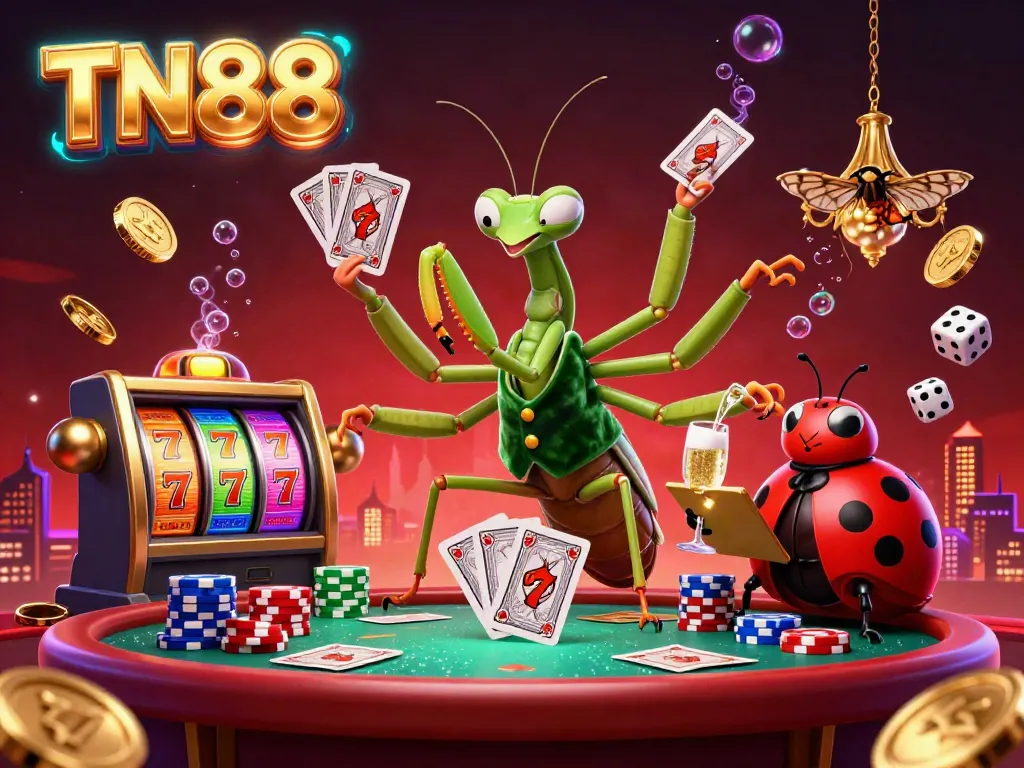 Experience TN88 excitement with a giant praying mantis card sharp and animated casino elements.