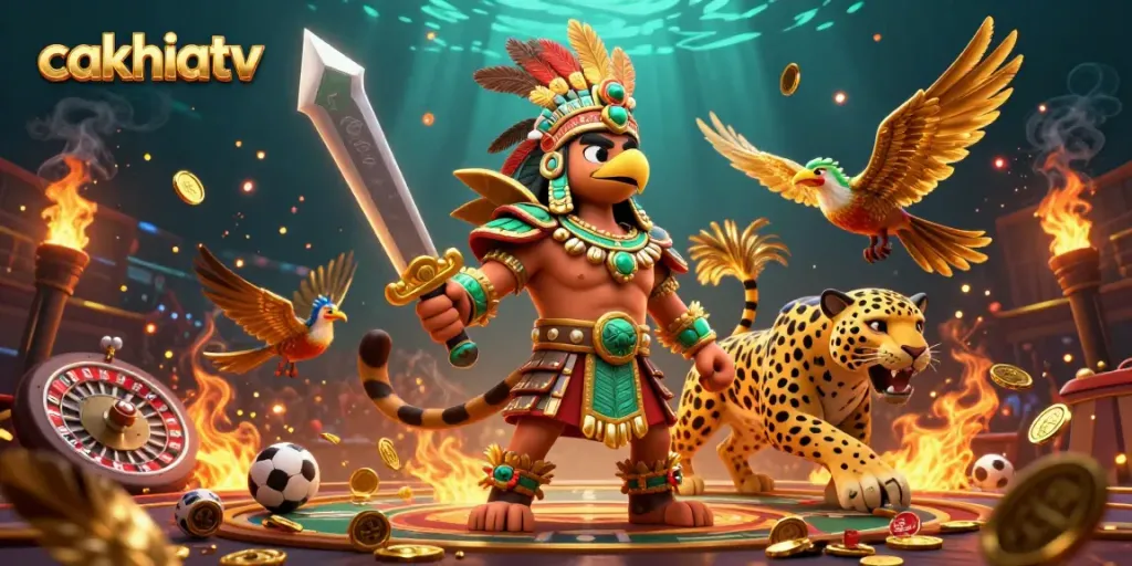 Experience vibrant gambling action with CakhiaTV's 3D warriors amidst dynamic sports betting elements.