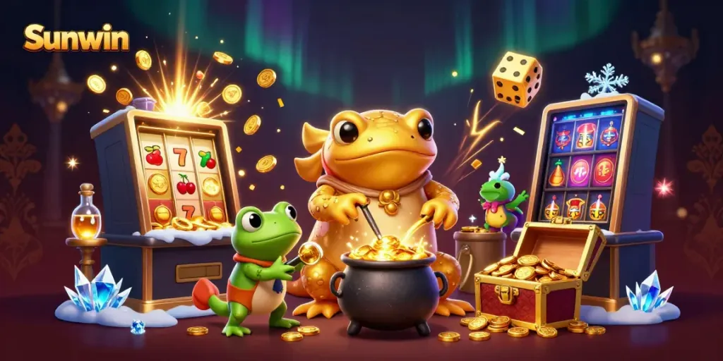 Experience the thrill of gambling with Sunwin through a vibrant 3D illustration featuring a golden salamander alchemist and exciting casino elements.