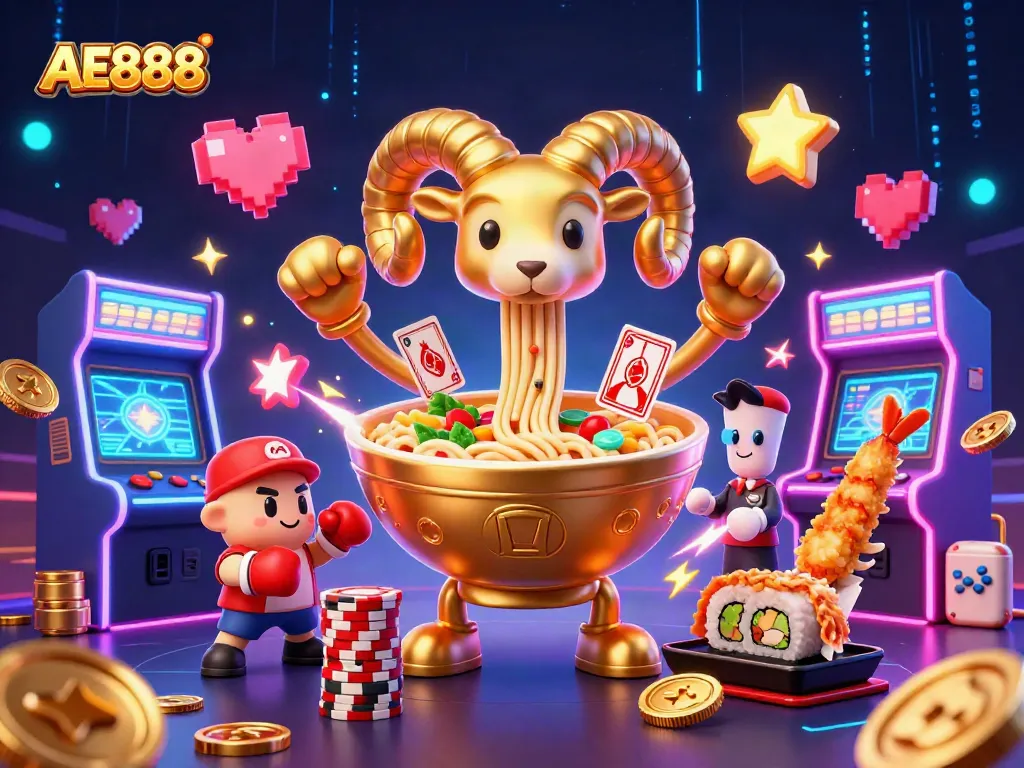 Join the AE888 giant ramen bowl in a dynamic casino scene with vibrant characters and gaming elements.