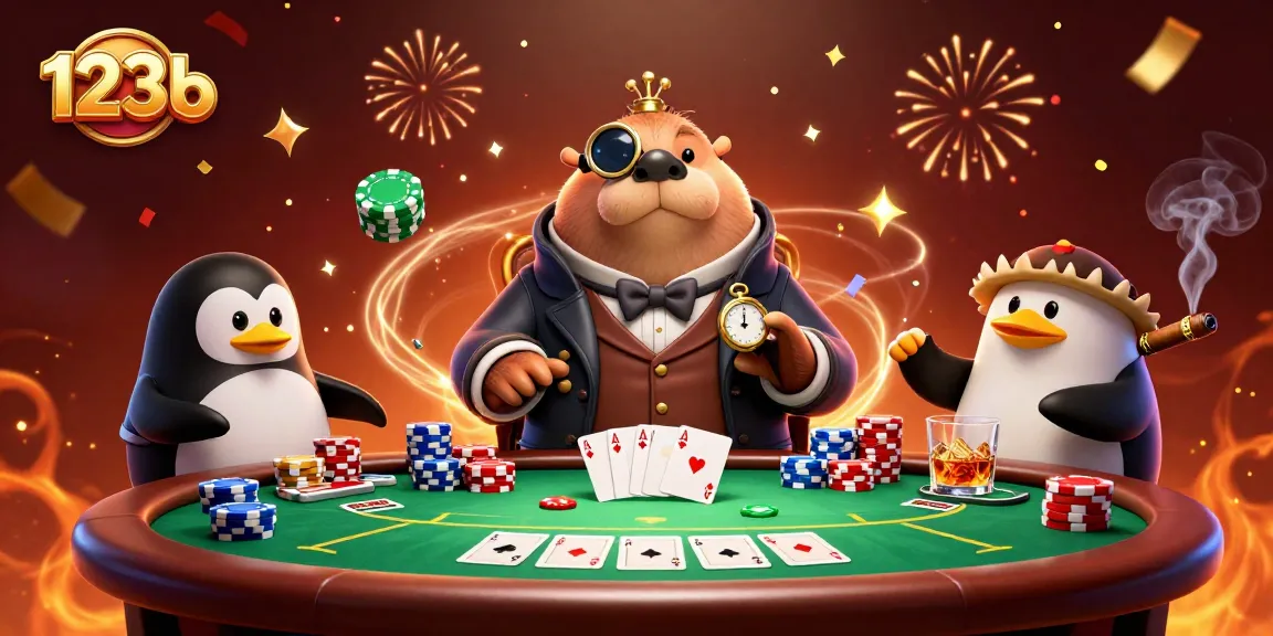 Engage in thrilling poker games at 123b with a fun underwater scene, featuring vibrant characters and casino elements.