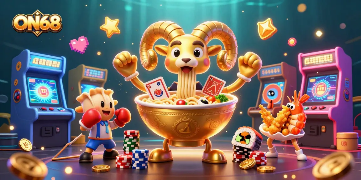 Join the fun at ON68 with a quirky ramen bowl character dealing cards and casino games.