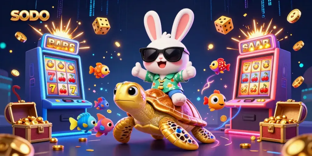 SODO slot machine jackpot explosion with a lucky rabbit and turtle in a vibrant scene