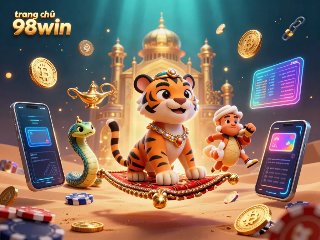 Spin and win at trang chủ 98win with vibrant 3D casino-themed imagery filled with excitement and gameplay elements.