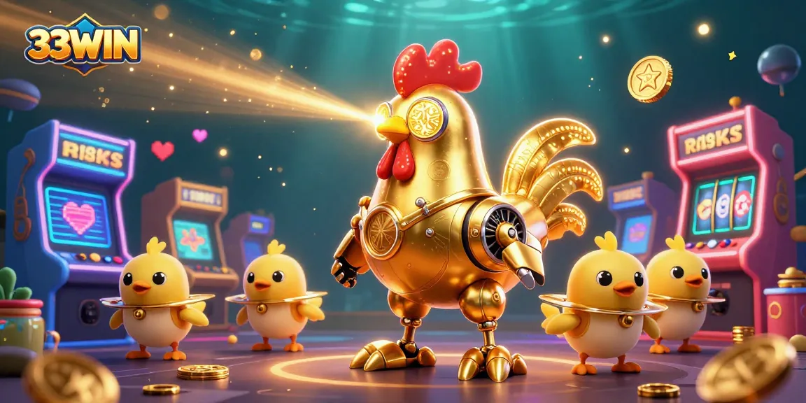 Engage with 33WIN's thrilling games featuring a golden rooster robot and vibrant casino elements.