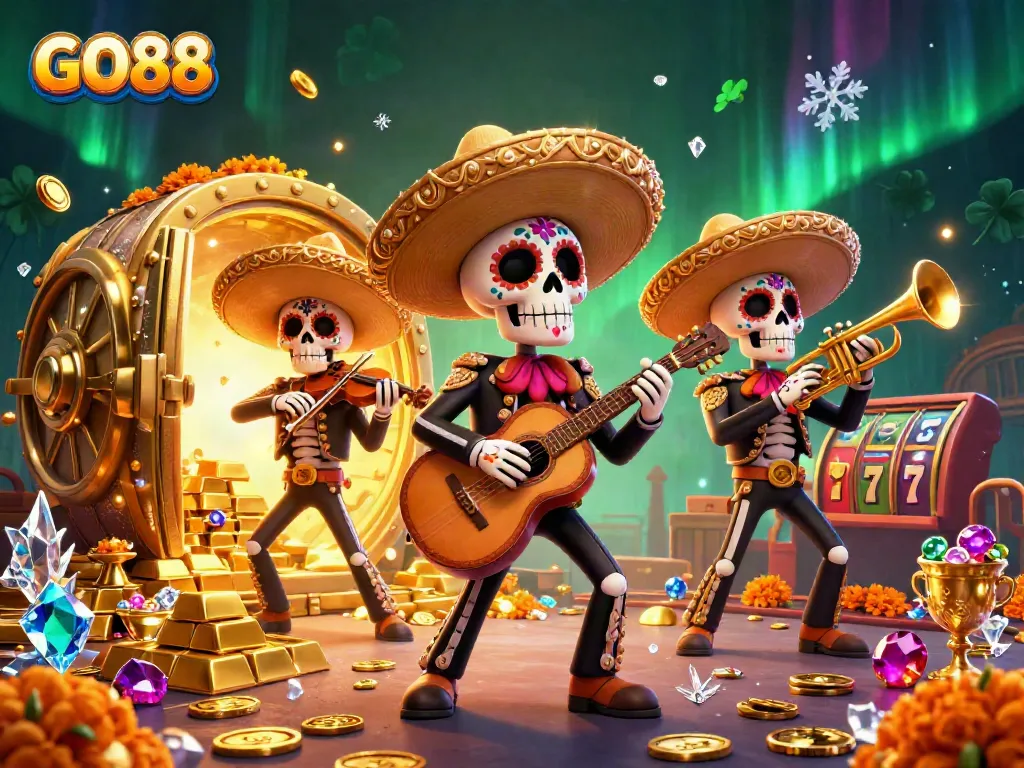Engage with GO88's vibrant casino experience illustrated by a lively mariachi band amidst treasures and slot elements.
