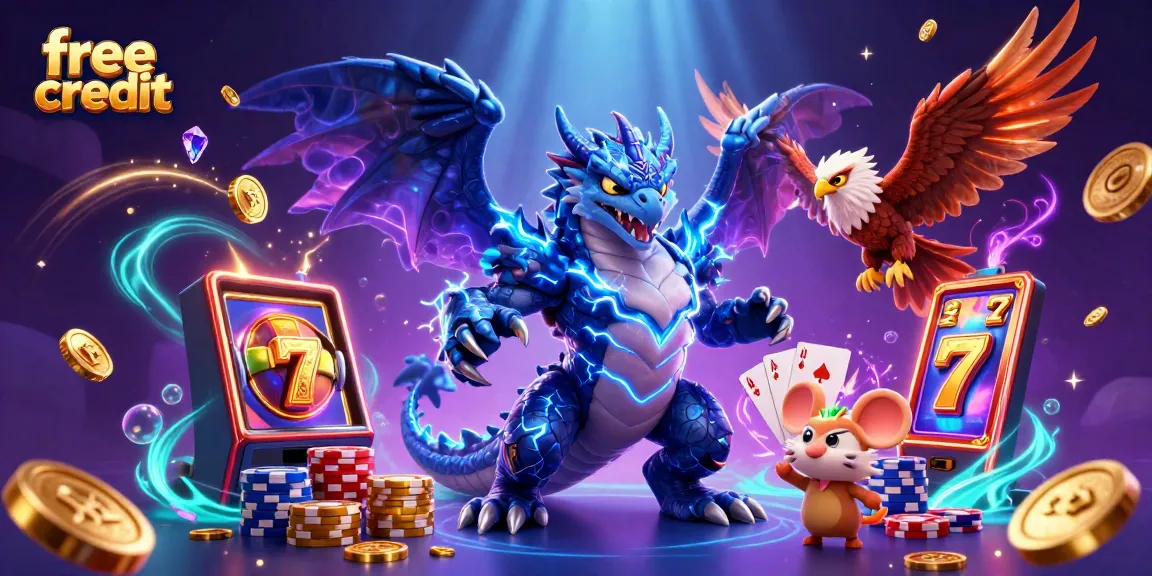 Win free credit with exciting slot reels surrounded by vibrant casino elements in this action-packed illustration.