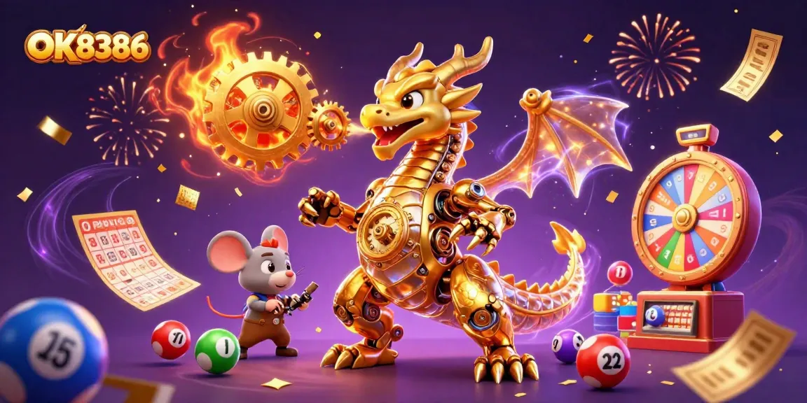 Engage with thrilling games at OK8386, featuring colorful lottery balls and a magical casino scene.