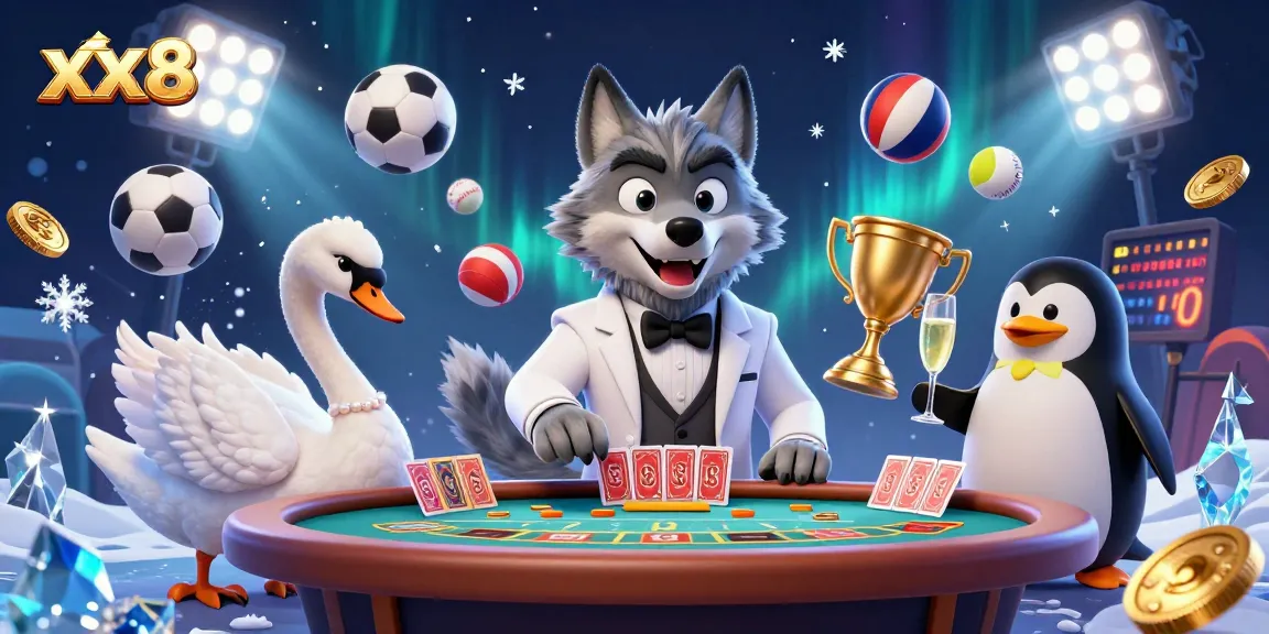 xx88 players enjoying a thrilling baccarat game with a debonair wolf, elegant swan dealer, and penguin presenting champagne.