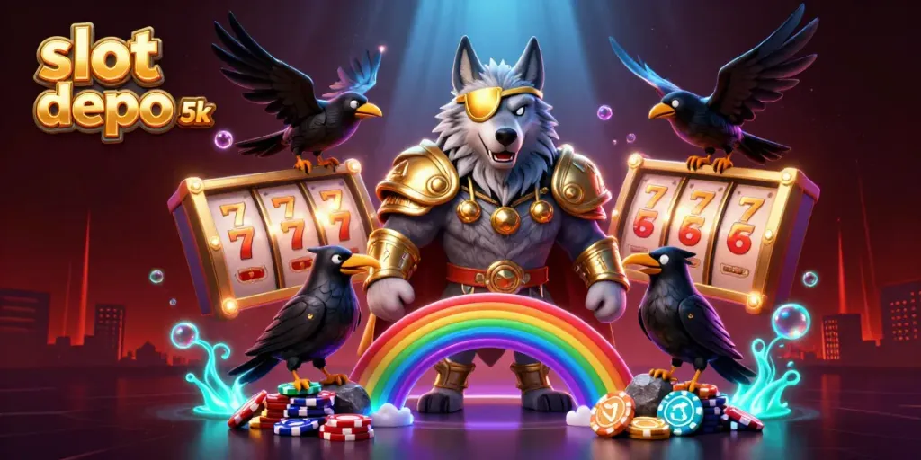 Engage in thrilling gameplay at slot depo 5k with dynamic scene showcasing Odin, his ravens, and vibrant casino elements.