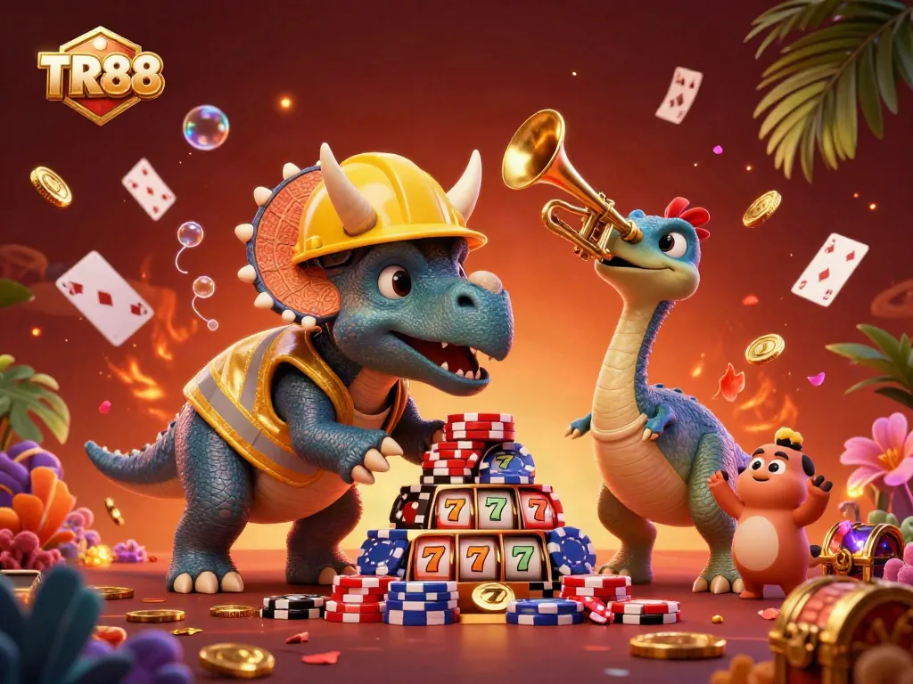 TR88-themed illustration showcasing vibrant casino elements with a triceratops building poker chip pyramids.