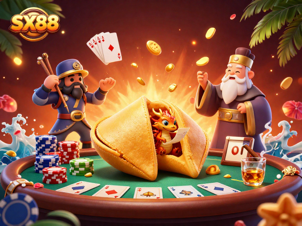 SX88 brings excitement as a wise dragon reads fortunes from a giant fortune cookie amid dynamic poker action.