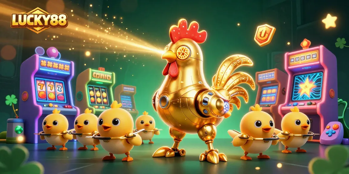 Engage in LUCKY88 slot excitement with a vibrant 3D casino scene featuring a golden robot.