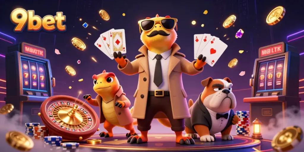 Experience 9bet with raptors in disguise entering a VIP casino, surrounded by vibrant gaming elements.