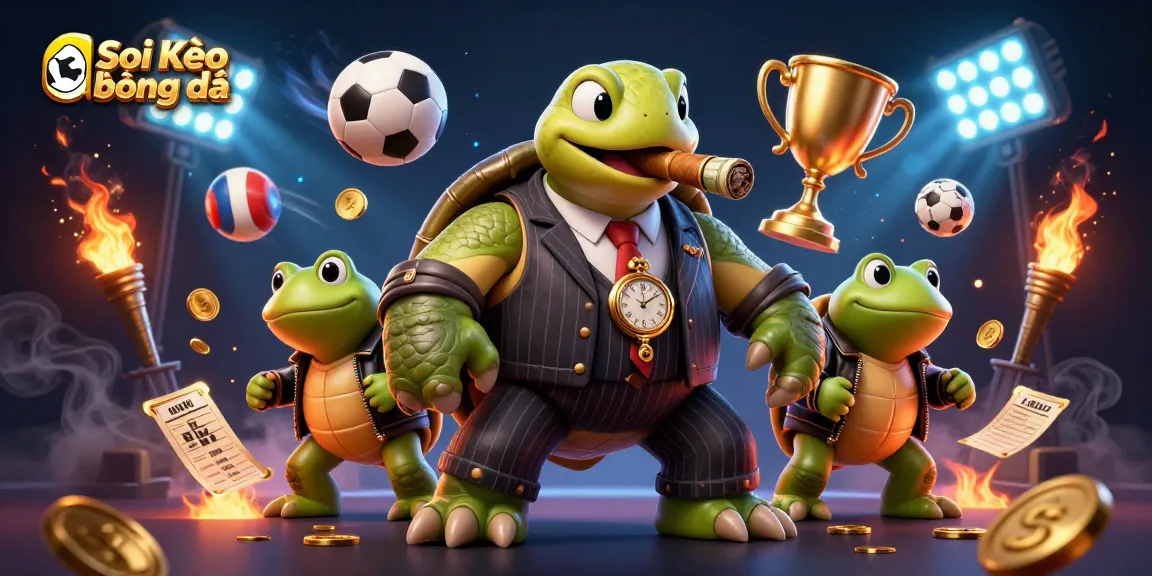 Soi Kèo bóng đá showcases a betting scene with a turtle mob boss and frog enforcers amidst dynamic sports elements.