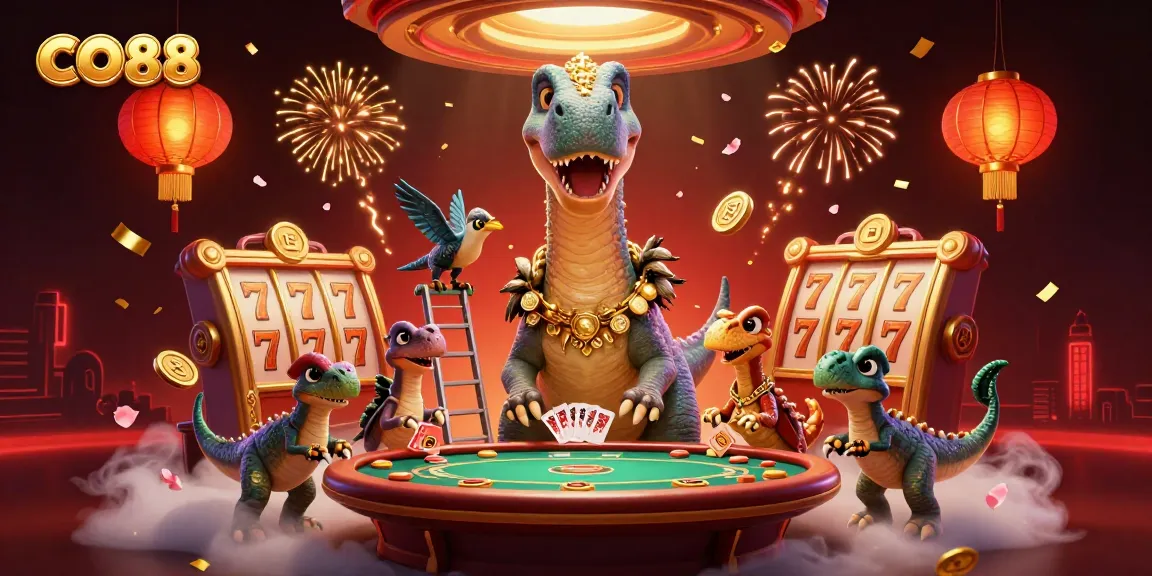 Experience the excitement of CO88 with a vibrant 3D casino scene featuring a brontosaurus and raptor amidst slot reels and golden coins.
