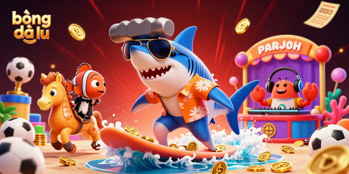 bóng đá lu vibrant scene featuring a shark surfing coins with sports elements, showcasing action and excitement in gambling.
