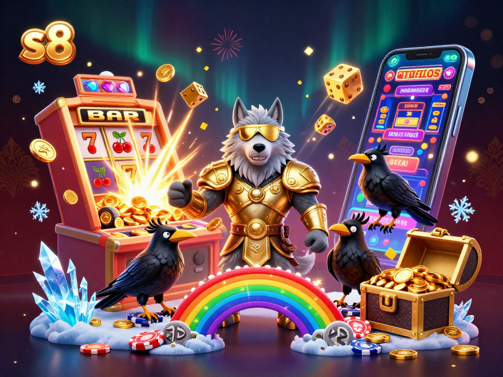 Spin the reels of excitement with S8, showcasing a thrilling casino scene bursting with jackpots and vibrant colors.