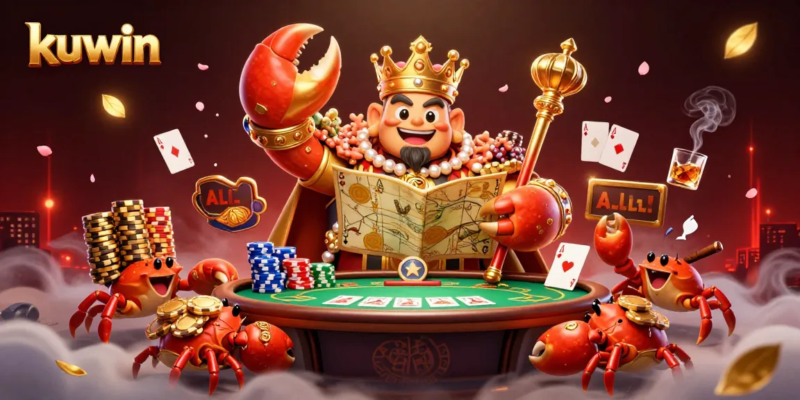 Kuwin captivates with a golden crab emperor commanding poker chaos, showcasing vibrant gaming elements.