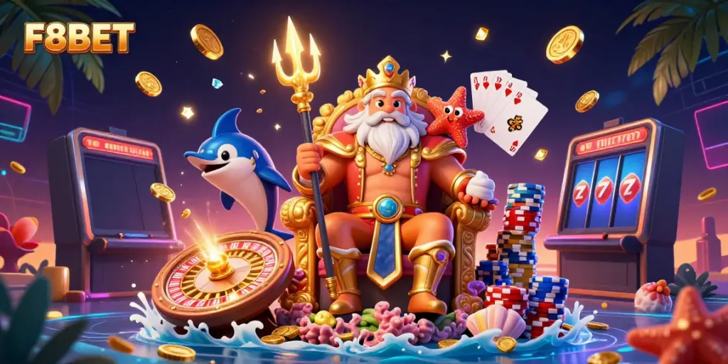 Experience the excitement of F8BET with vibrant casino action featuring Neptune and dynamic elements.