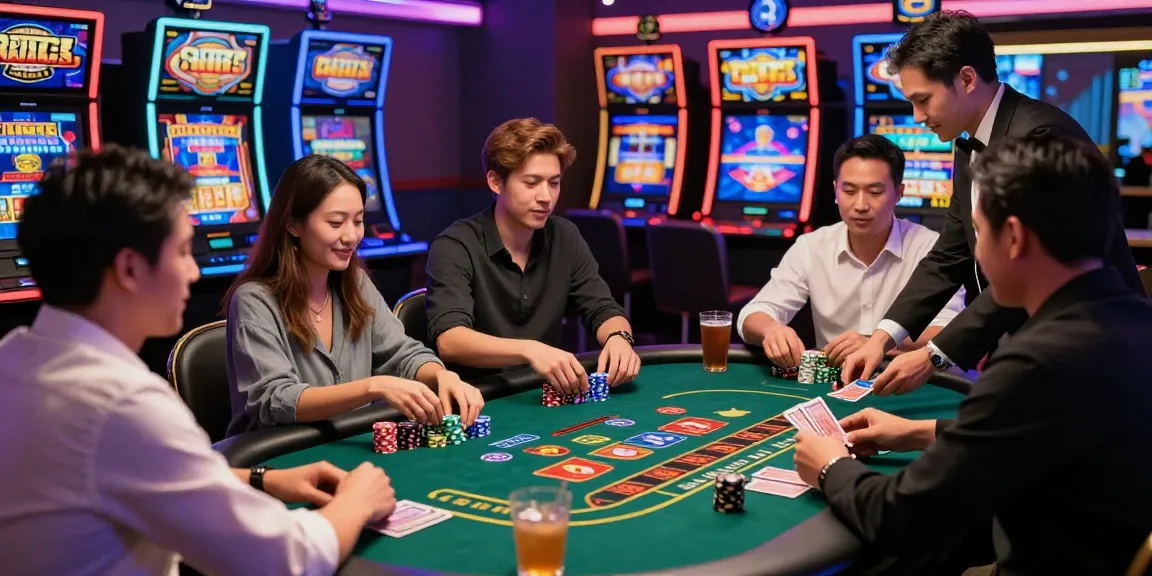 Engaging casino experience at ASIALIVE88 with players around a baccarat table, vibrant atmosphere and excitement.