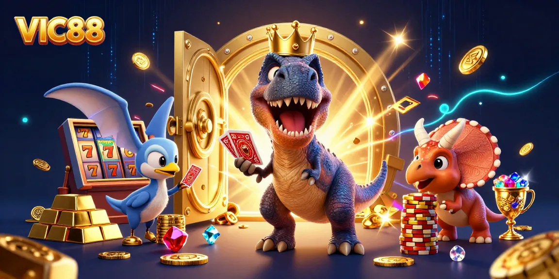 VIC88 showcases a fun casino scene with a T-Rex, pterodactyl, and triceratops amid gold and slot elements.