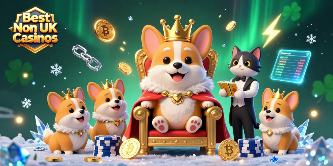 Experience the thrill of Best Non UK Casinos with vibrant visuals of a corgi king seated on poker chips surrounded by crypto coins.