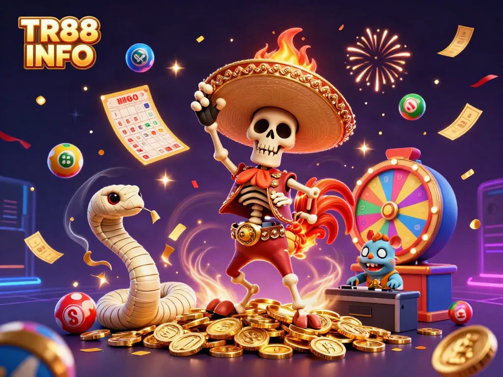 Celebrate winnings with TR88 INFO as a mariachi rooster dances amidst vibrant casino-themed elements.