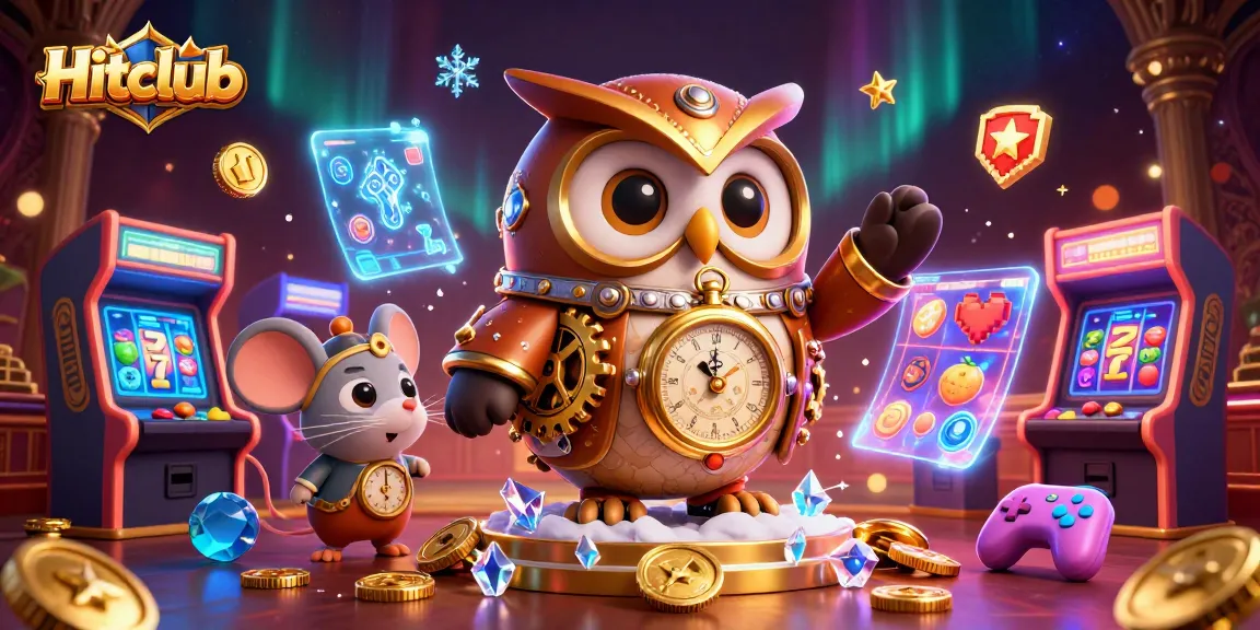Hitclub gamers spinning slot reels and exploring vibrant arcade elements in a 3D fantasy casino