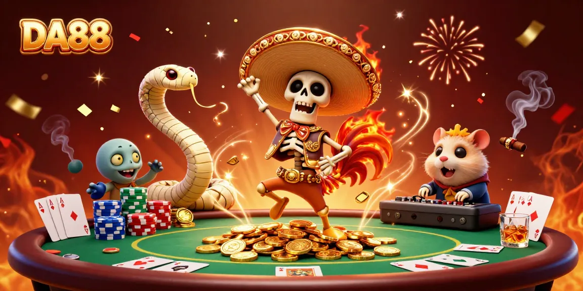 Celebrating DA88 with a lively skeleton mariachi, mummy snake, and DJ hamster in a colorful casino scene.