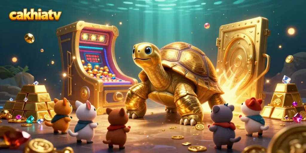 Cakhiatv features a dynamic scene with a golden tortoise pinball machine and excited animals playing for treasure.