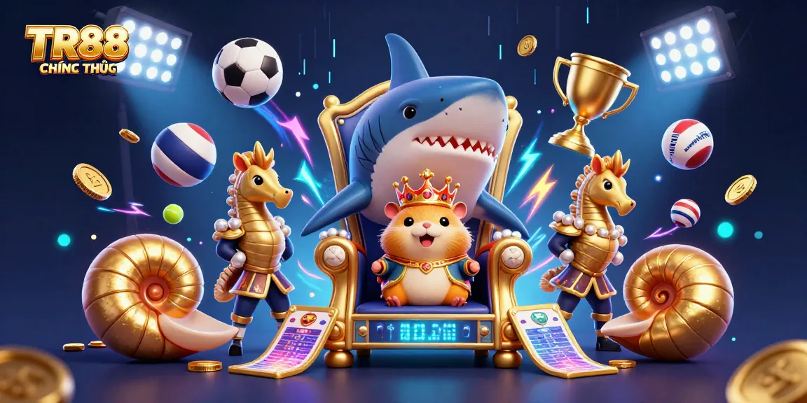 Engage with the vibrant scene featuring TR88 CHÍNH THỨC, showcasing a golden hamster king amidst dynamic sports elements.