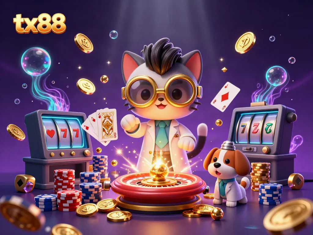 Experience thrilling gaming with tx88 as a mad scientist cat creates gold coins in a vibrant casino.