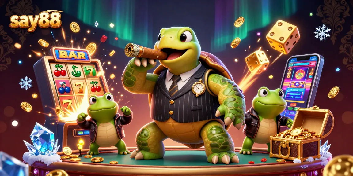 Win big with say88 at a vibrant casino scene featuring a charismatic snapping turtle and bullfrog enforcers.