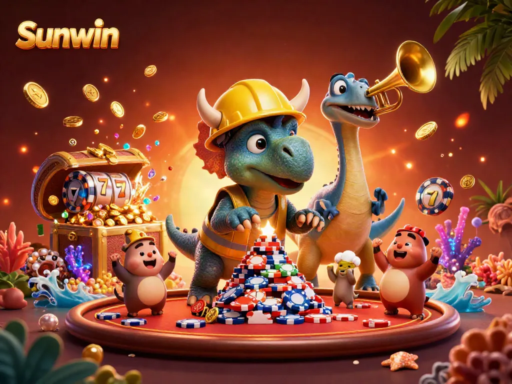 Celebrate wins with Sunwin in this vibrant 3D casino illustration featuring dynamic card games and colorful slots.