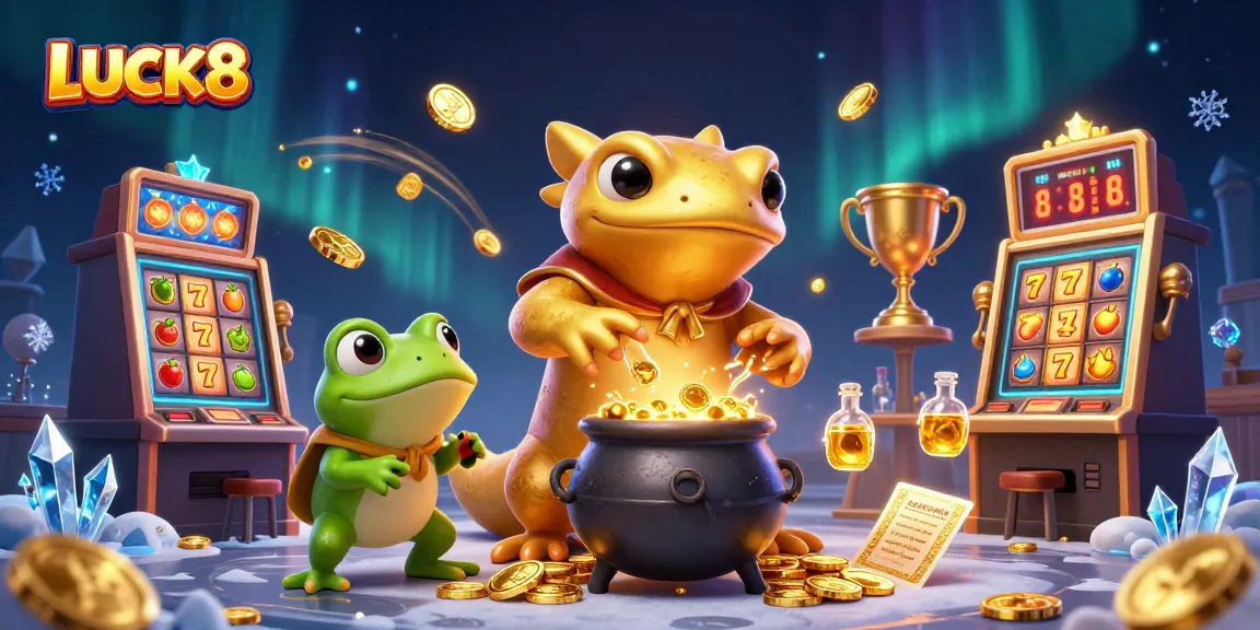 Place your bets and win with LUCK8 in this vibrant 3D illustration of a magical casino.
